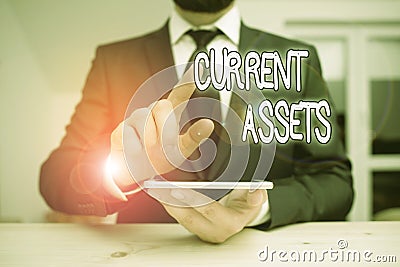 Word writing text Current Assets. Business concept for any asset which can reasonably be expected to be sold Male human wear Stock Photo