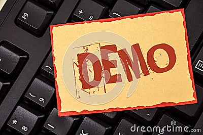Word writing text Demo. Business concept for Demonstration of products by software companies are displayed annually written on Sti Stock Photo