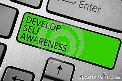 Word writing text Develop Self Awareness. Business concept for increase conscious knowledge of own character Keyboard green button Stock Photo