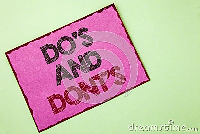 Word writing text Do'S And Don'Ts. Business concept for What can be done and what cannot be knowing right wrong written on Pink Stock Photo