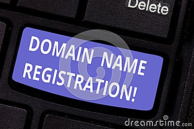 Word writing text Domain Name Registration. Business concept for process of reserving a name on the Internet Keyboard key Stock Photo