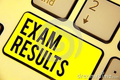 Word writing text Exam Results. Business concept for An outcome of a formal test that shows knowledge or ability Keyboard yellow k Stock Photo