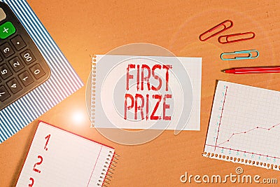 Word writing text First Prize. Business concept for the most desirable or grand prize offered for the overall winner Striped Stock Photo