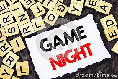 Word, writing, text Game Night. Business concept for Entertainment Fun Play Time Event For Gaming written on Skicky Note Paper on Stock Photo