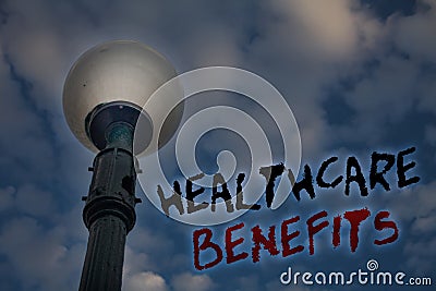 Word writing text Healthcare Benefits. Business concept for it is insurance that covers the medical expenses Light post blue cloud Stock Photo