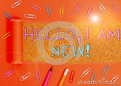 Word writing text Hello I Am New. Business concept for introducing oneself in a group as fresh worker or student Stationary and Stock Photo