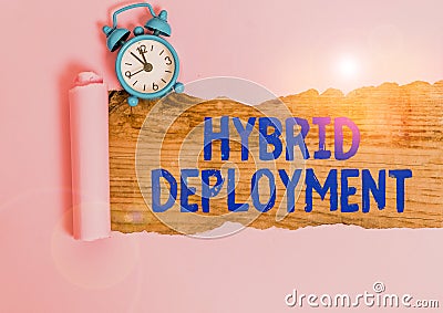 Word writing text Hybrid Deployment. Business concept for a combination of onpremises applications or data Alarm clock and torn Stock Photo