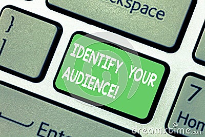 Word writing text Identify Your Audience. Business concept for Figuring out the target audience and their needs Keyboard Stock Photo