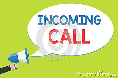 Word writing text Incoming Call. Business concept for Inbound Received Caller ID Telephone Voicemail Vidcall Man holding Stock Photo