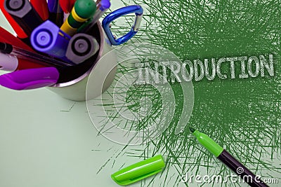 Word writing text Introduction. Business concept for First part of a document Formal presentation to an audience Scratched table c Stock Photo
