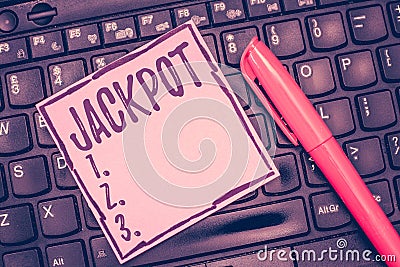 Word writing text Jackpot. Business concept for Large cash prize in game Lottery Big award Gambling related Stock Photo