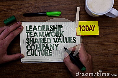 Word writing text Leadership Teamwork Shared Values Company Culture. Business concept for Group Team Success Man holding marker no Stock Photo