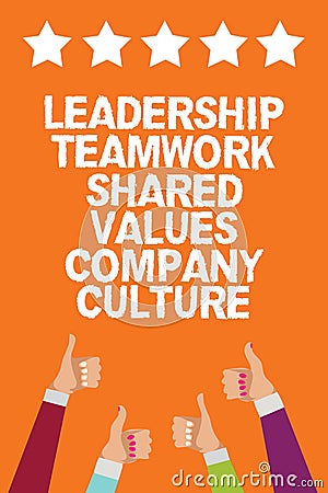 Word writing text Leadership Teamwork Shared Values Company Culture. Business concept for Group Team Success Men women hands thumb Stock Photo