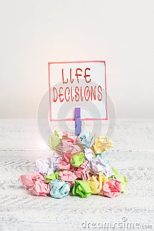 Word writing text Life Decisions. Business concept for an important decision which you make about your life Reminder pile colored Stock Photo