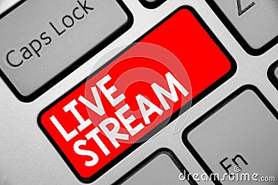 Word writing text Live Stream. Business concept for transmit or receive video and audio coverage over Internet Keyboard red key In Stock Photo