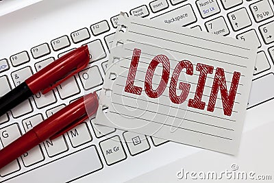 Word writing text Login. Business concept for Entering website Blog using username and password Registration Stock Photo