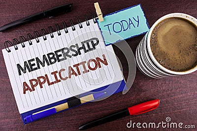 Word writing text Membership Application. Business concept for Registration to Join a team group or organization written on Notepa Stock Photo