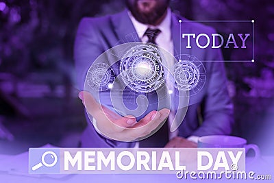 Word writing text Memorial Day. Business concept for remembering the military demonstratingnel who died in service Male Stock Photo