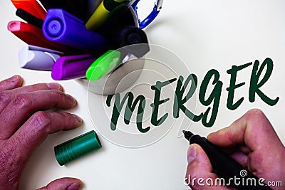 Word writing text Merger. Business concept for Combination of two things or companies Fusion Coalition Unification Artist study li Stock Photo