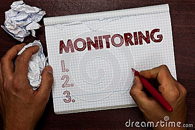 Word writing text Monitoring. Business concept for Observe check progress quality of something over a period of time Man Stock Photo