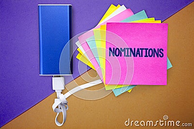 Word writing text Nominations. Business concept for Suggestions of someone or something for a job position or prize Multiple colou Stock Photo
