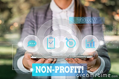 Word writing text NonProfit. Business concept for not making or conducted primarily to make profit organization Female Stock Photo