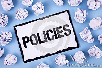Word writing text Policies. Business concept for Business Company or Government Rules Regulations Standards written on White Stick Stock Photo