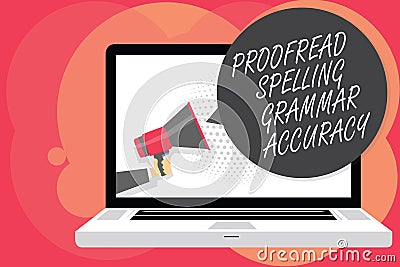 Word writing text Proofread Spelling Grammar Accuracy. Business concept for Grammatically correct Avoid mistakes Man holding Megap Stock Photo