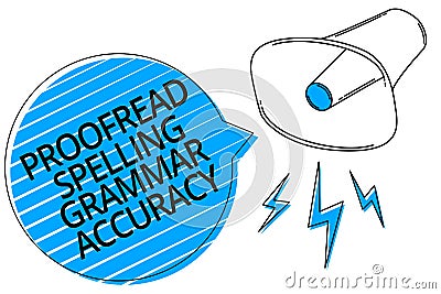 Word writing text Proofread Spelling Grammar Accuracy. Business concept for Grammatically correct Avoid mistakes Megaphone loudspe Stock Photo