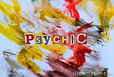 Word writing text Psychic from cut letters on abstract strokes bright colorful background. Headline , card of psychology . Stock Photo