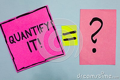 Word writing text Quantify It. Business concept for Measure the size or amount of something and express in numbers Pink paper note Stock Photo