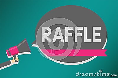 Word writing text Raffle. Business concept for means of raising money by selling numbered tickets offer as prize Man holding megap Stock Photo