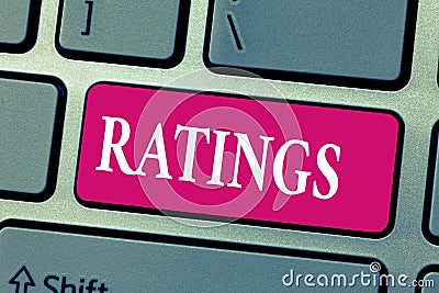 Word writing text Ratings. Business concept for Classification Ranking Quality Perforanalysisce Standards comparison Stock Photo