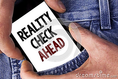 Word writing text Reality Check Ahead. Business concept for Unveil truth knowing actuality avoid being sceptical written on Mobile Stock Photo