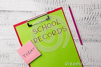 Word writing text School Records. Business concept for Information that is kept about a child at school Biography Metal Stock Photo