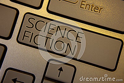 Word writing text Science Fiction. Business concept for Fantasy Entertainment Genre Futuristic Fantastic Adventures Keyboard brown Stock Photo