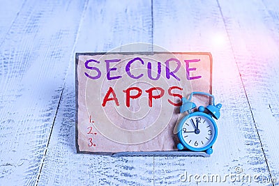 Word writing text Secure Apps. Business concept for protect the device and its data from unauthorized access Mini blue alarm clock Stock Photo