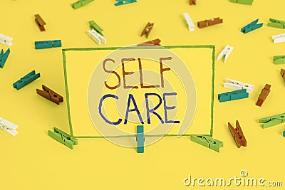 Word writing text Self Care. Business concept for the practice of taking action to improve one s is own health Colored clothespin Stock Photo