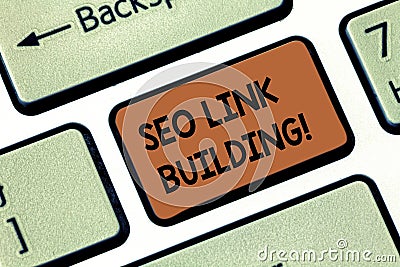 Word writing text Seo Link Building. Business concept for getting other websites to link back your website Keyboard key Stock Photo