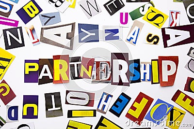 A word writing text showing concept of Partnership made of different magazine newspaper letter for Business case on the white back Stock Photo