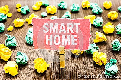 Word writing text Smart Home. Business concept for automation system control lighting climate entertainment systems Clothespin hol Stock Photo