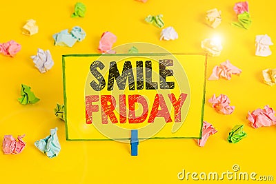Word writing text Smile Friday. Business concept for used to express happiness from beginning of fresh week Colored crumpled Stock Photo