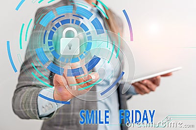 Word writing text Smile Friday. Business concept for used to express happiness from beginning of fresh week Female human Stock Photo