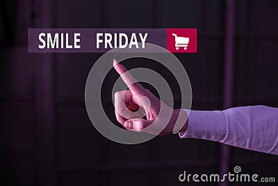 Word writing text Smile Friday. Business concept for used to express happiness from beginning of fresh week Finger Stock Photo
