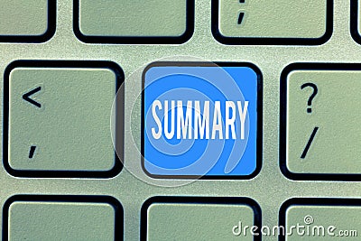 Word writing text Summary. Business concept for Brief Statement Abstract Synopsis Concise Abbreviated version Stock Photo