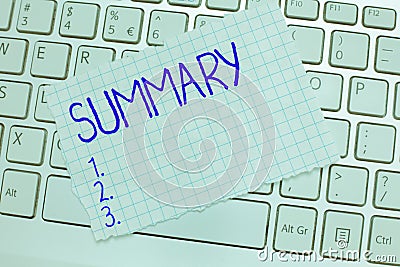Word writing text Summary. Business concept for Brief Statement Abstract Synopsis Concise Abbreviated version Stock Photo
