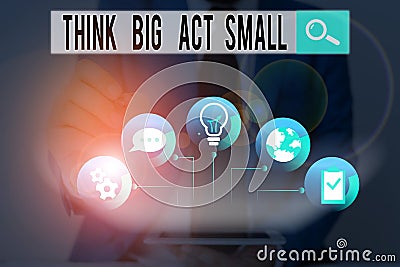 Word writing text Think Big Act Small. Business concept for Great Ambitious Goals Take Little Steps one at a time. Stock Photo