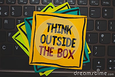 Word writing text Think Outside The Box. Business concept for Be unique different ideas bring brainstorming Multiple colour sticky Stock Photo