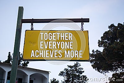 Word writing text Together Everyone Achieves More. Business concept for Teamwork Cooperation Attain Acquire Success Wooden board h Stock Photo