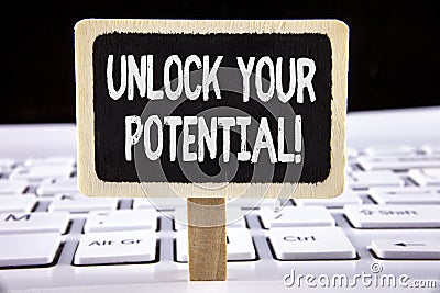 Word writing text Unlock Your Potential Motivational Call. Business concept for Reveal talent Sow Skills Abilities written on Wood Stock Photo